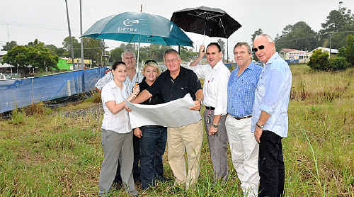 On the site of the new Mary River Motor Inn yesterday, and hoping rain does not interrupt construction, are (from left): Stacey Bowers (Brad Read Design Group), Scott Pinkstone (SP Consulting Engineers), Monica and Reg Cannon, architect Brad Read (BRD Group), electrical engineer Robert Graham (RPG Consulting Engineers) and builder Alan Trickey (Tribuild Builders). On the site of the new Mary River Motor Inn yesterday, and hoping rain does not interrupt construction, are (from left): Stacey Bowers (Brad Read Design Group), Scott Pinkstone (SP Consulting Engineers), Monica and Reg Cannon, architect Brad Read (BRD Group), electrical engineer Robert Graham (RPG Consulting Engineers) and builder Alan Trickey (Tribuild Builders).